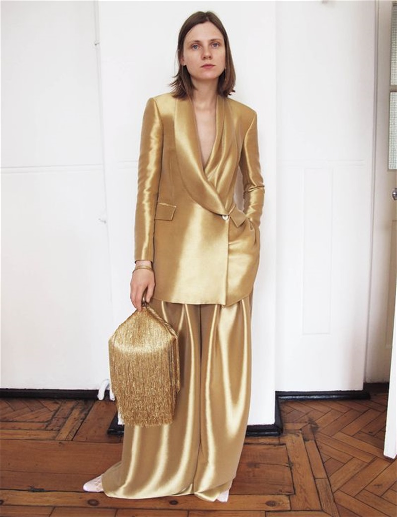 Women'S Formal Wear For A Wedding - Setelan kantor Satin sutra emas untuk