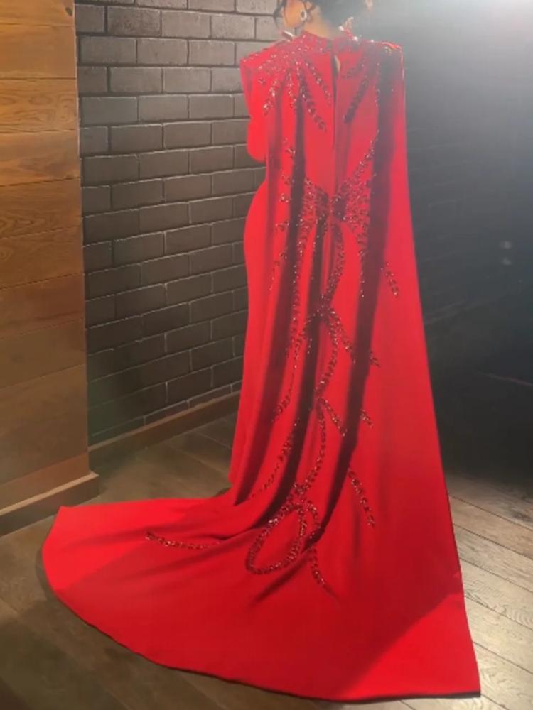 Women Formal Wear For Party - Gaun Malam Lengan Panjang Merah Muslim