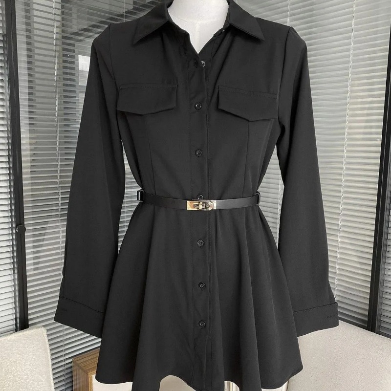 Gaun Kemeja Hitam Wanita Lenga - Women Formal Wear Stitching ulasan dan harga